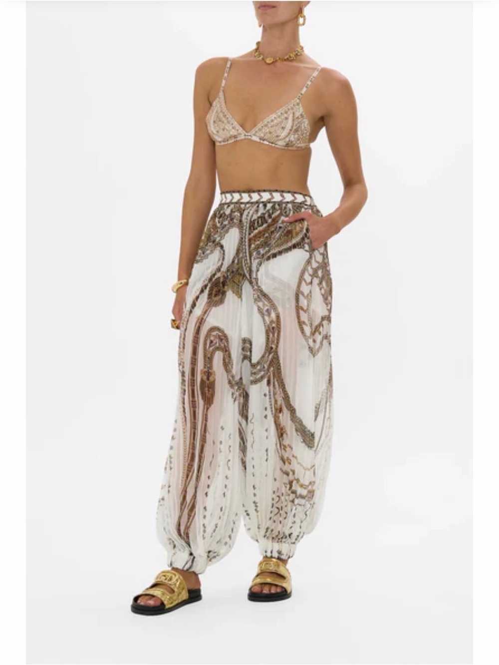 Camilla White Sheer Harem Track Pants with Gold & Brown Motif